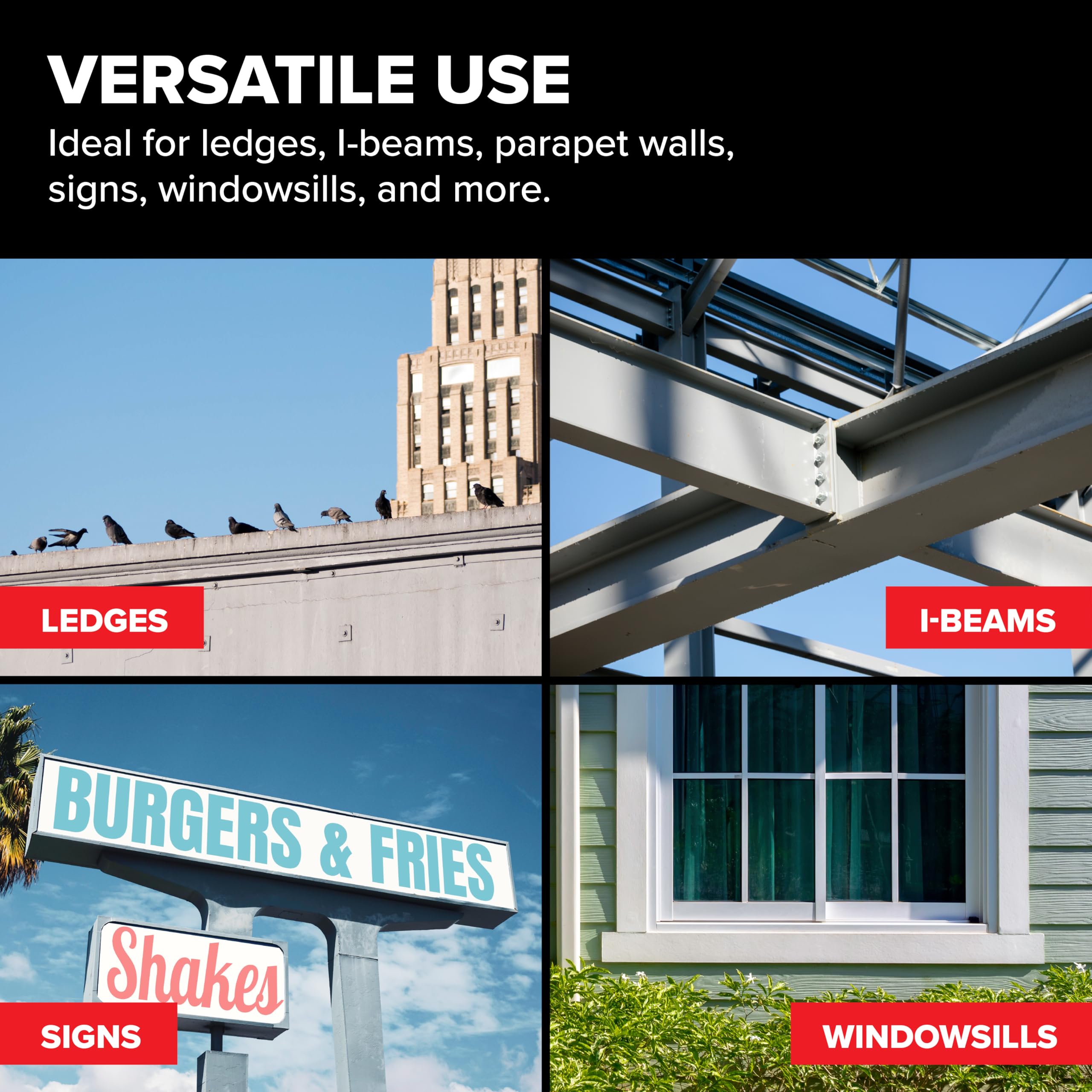 Bird B Gone outdoor gel offers durable barrier on parapet walls and conduits.