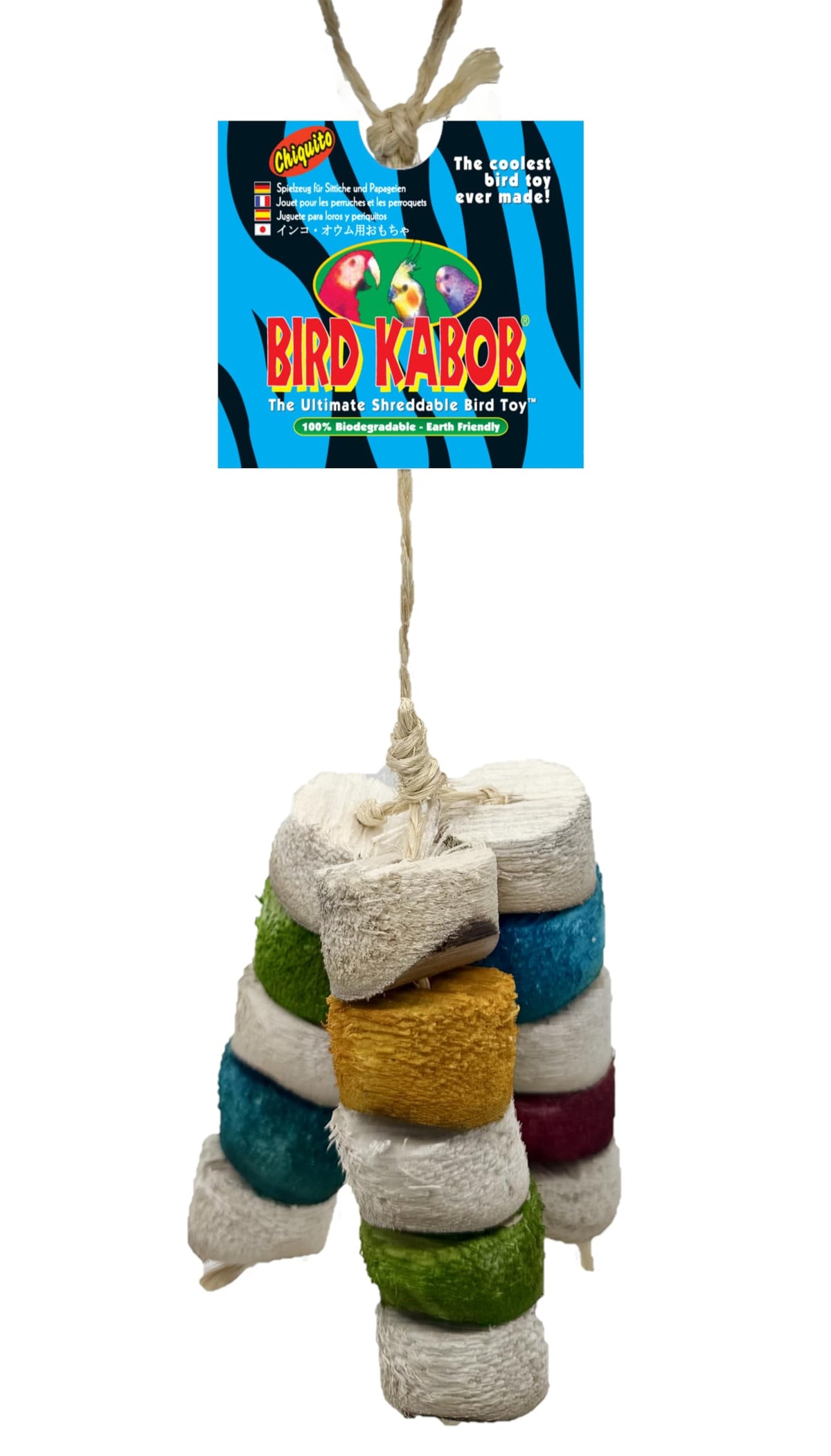 Bird Kabob Chiquito Chew Toy closeup highlights natural chewing enrichment and eco-friendly materials.