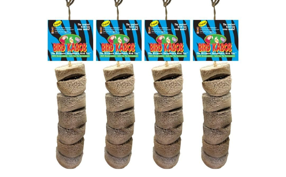 Bird Kabob Original 4 Pack packshot — eco-friendly yucca wood chew toy for parrots, promoting natural chewing instincts.