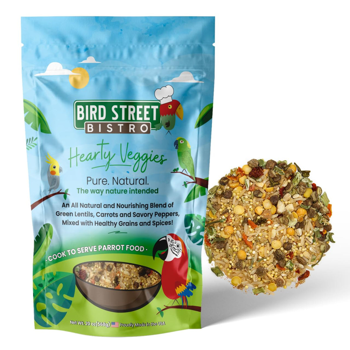 Bird Street Bistro parrot food 20oz cup—ready-to-serve convenience for busy feedings.