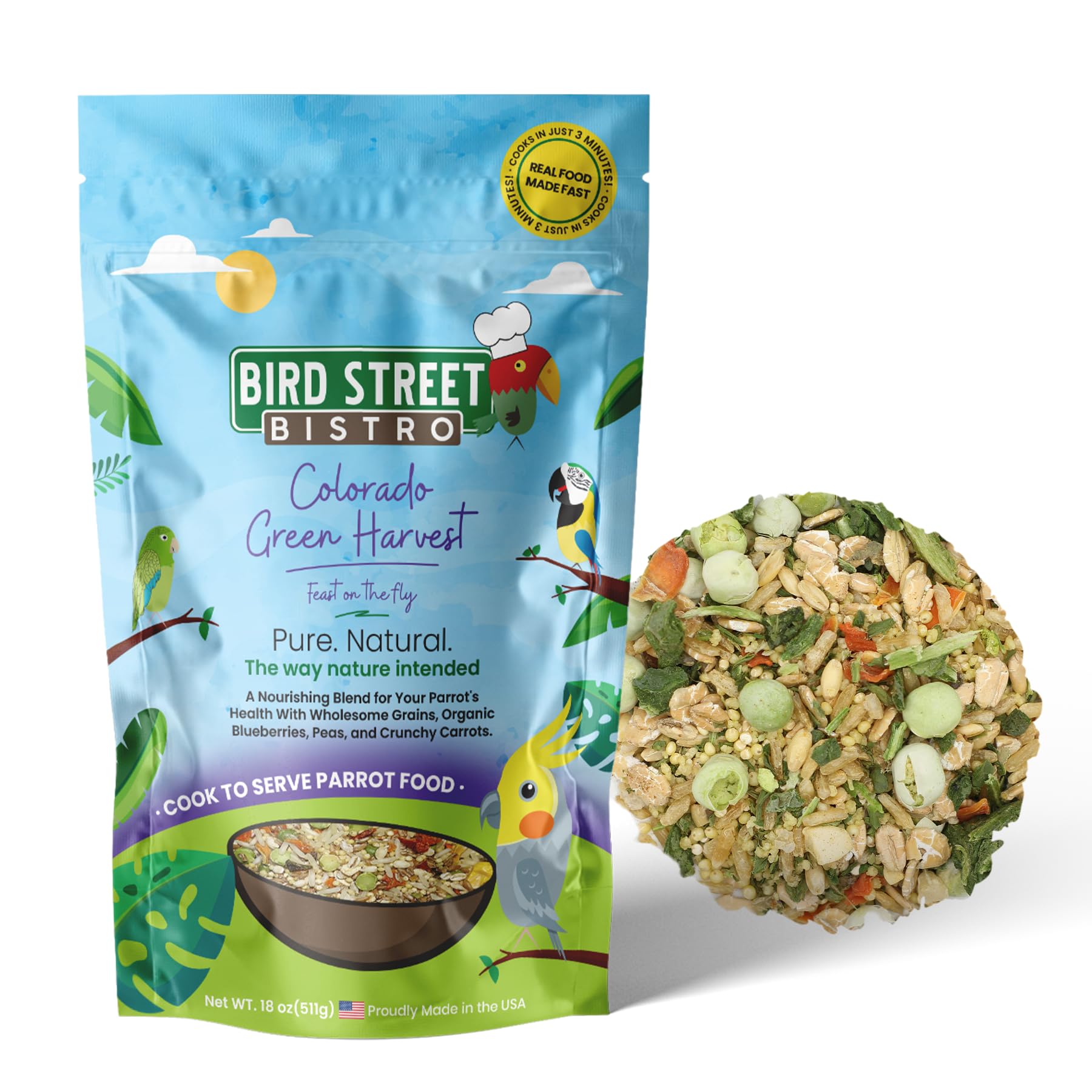Bird Street Bistro parrot food front packaging highlights USA-made, natural ingredients.