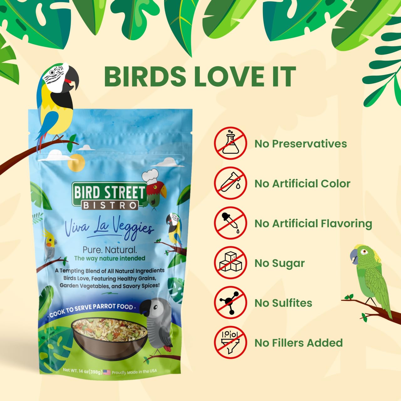 Bird Street Bistro parrot food ingredients close-up with natural grains and dried fruits.