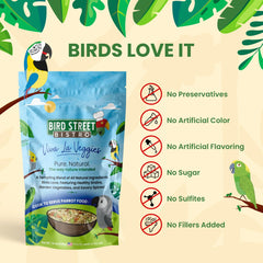 Bird Street Bistro parrot food ingredients close-up with natural grains and dried fruits.