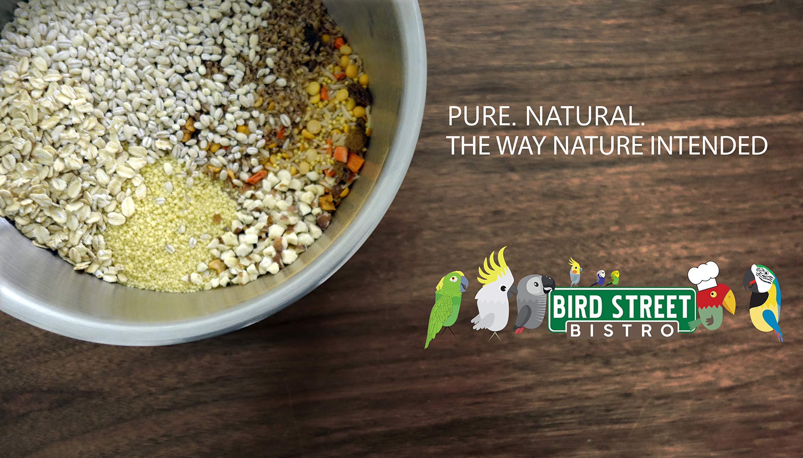 Bird Street Bistro parrot food label emphasizes USA-made quality and responsible sourcing.