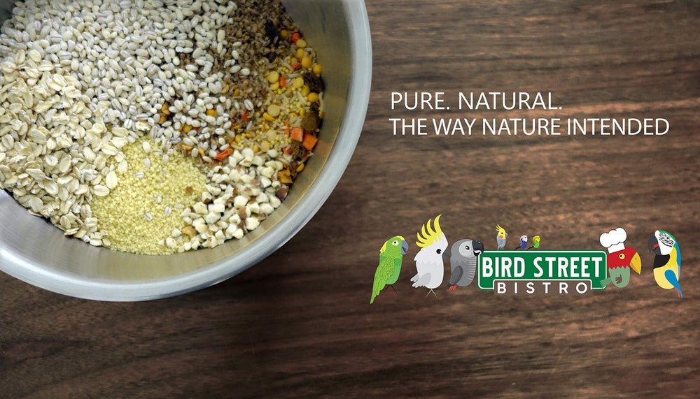 Bird Street Bistro parrot food label emphasizes USA-made quality and responsible sourcing.