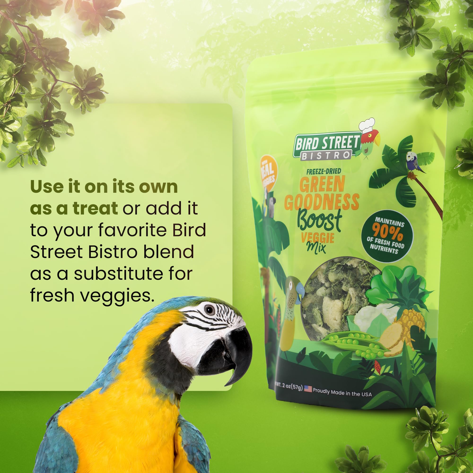Bird Street Bistro parrot food packaging highlights organic ingredients.