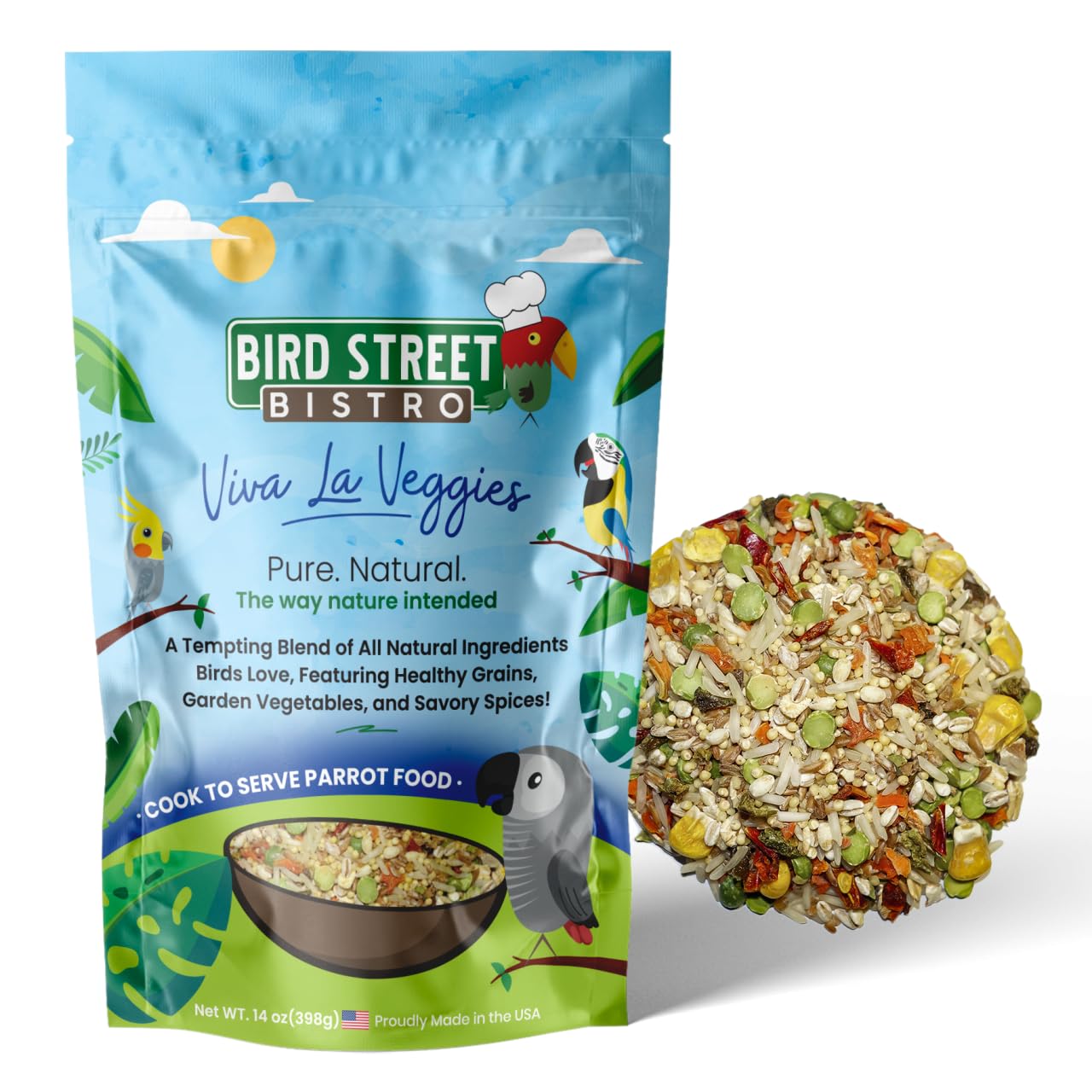 Bird Street Bistro parrot food packaging using eco-friendly materials for sustainable feeding.