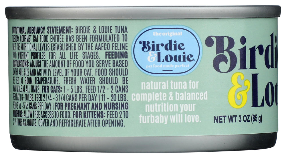Birdie & Louie cat wet Tna Tuesday 3oz cat enjoying meal conveys appetizing aroma and satisfaction.