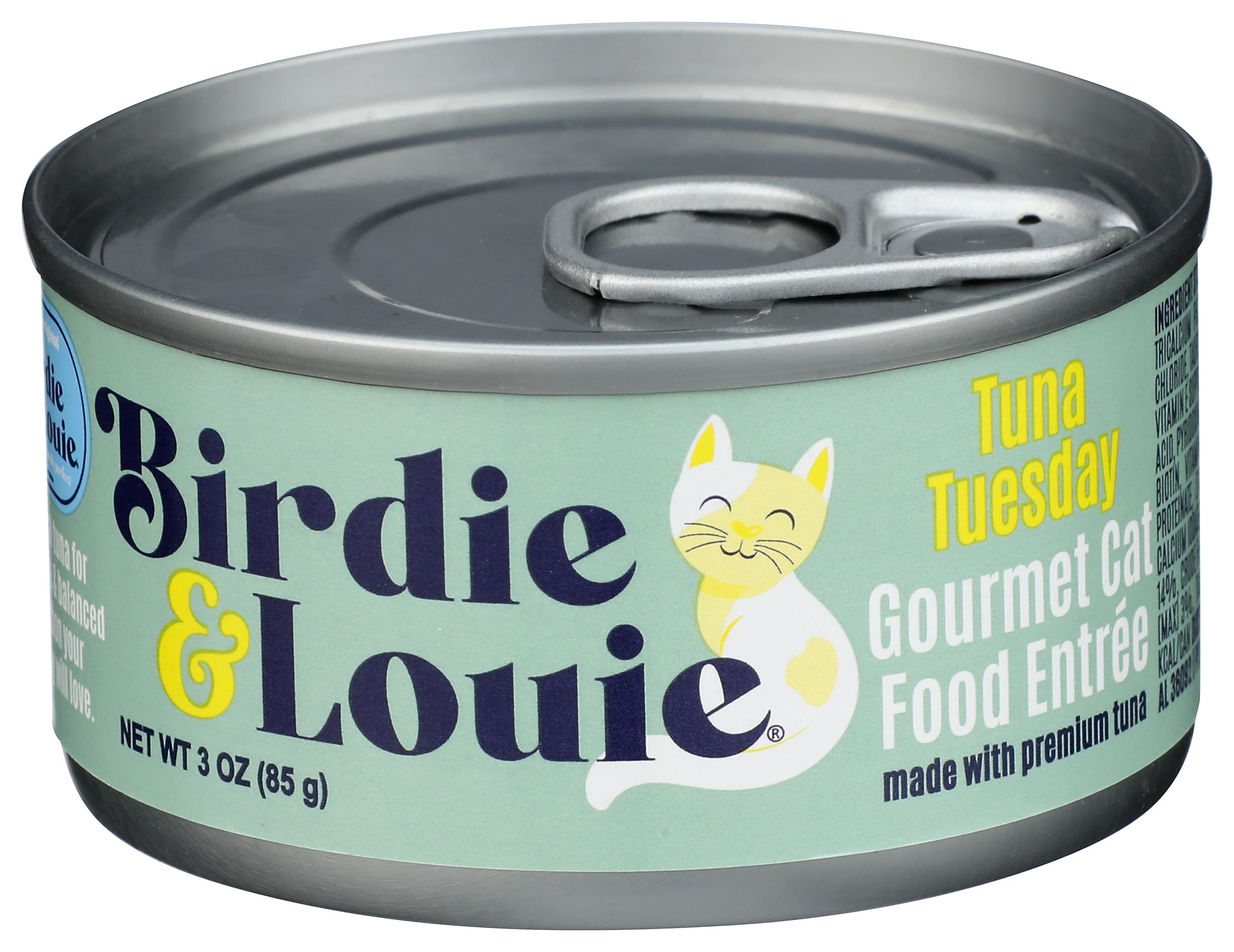 Birdie & Louie cat wet Tna Tuesday 3oz open can shows savory chunks for appealing meal prep.