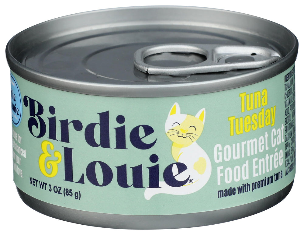 Birdie & Louie cat wet Tna Tuesday 3oz open can shows savory chunks for appealing meal prep.