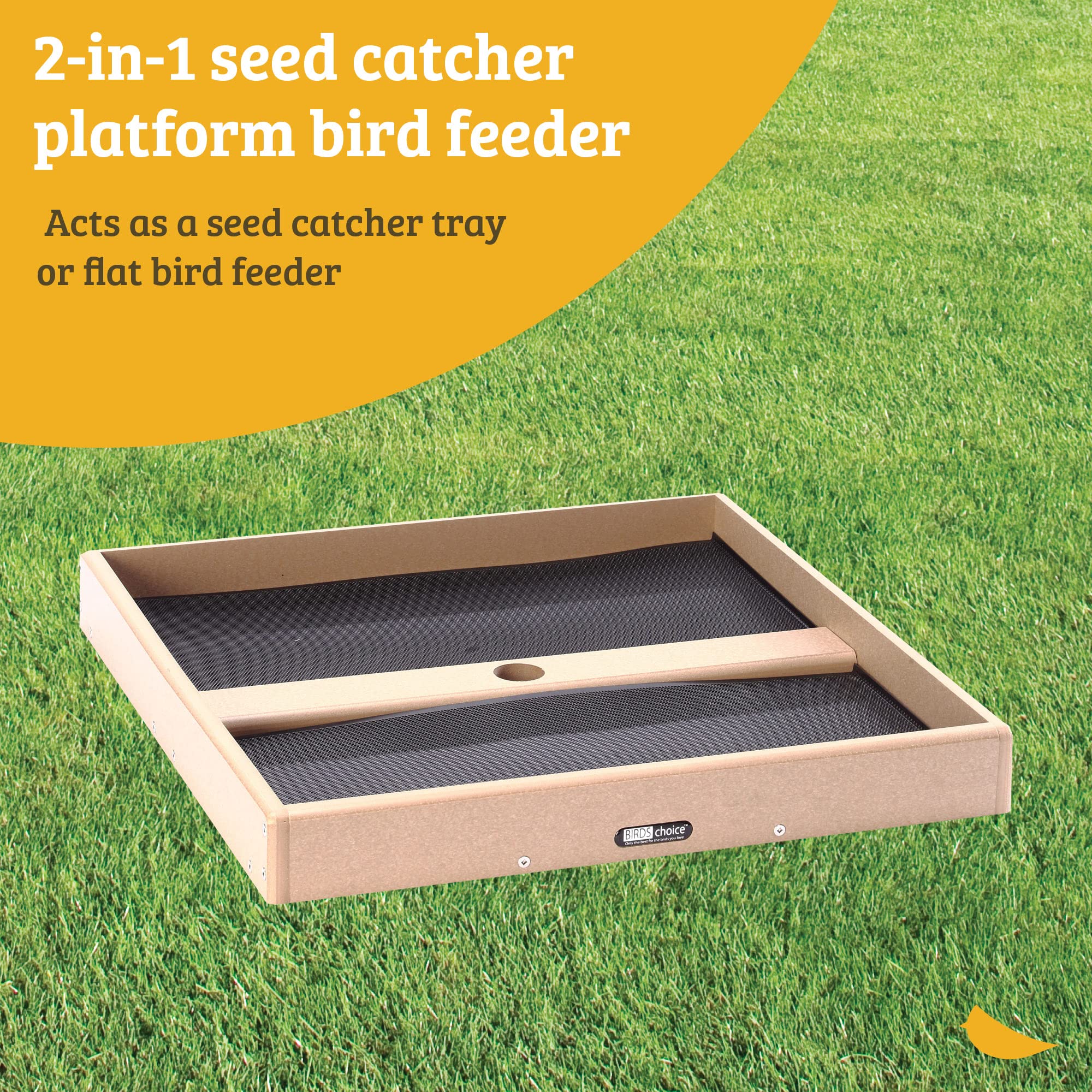 Birds Choice seed catcher open platform front view shows easy bird access
