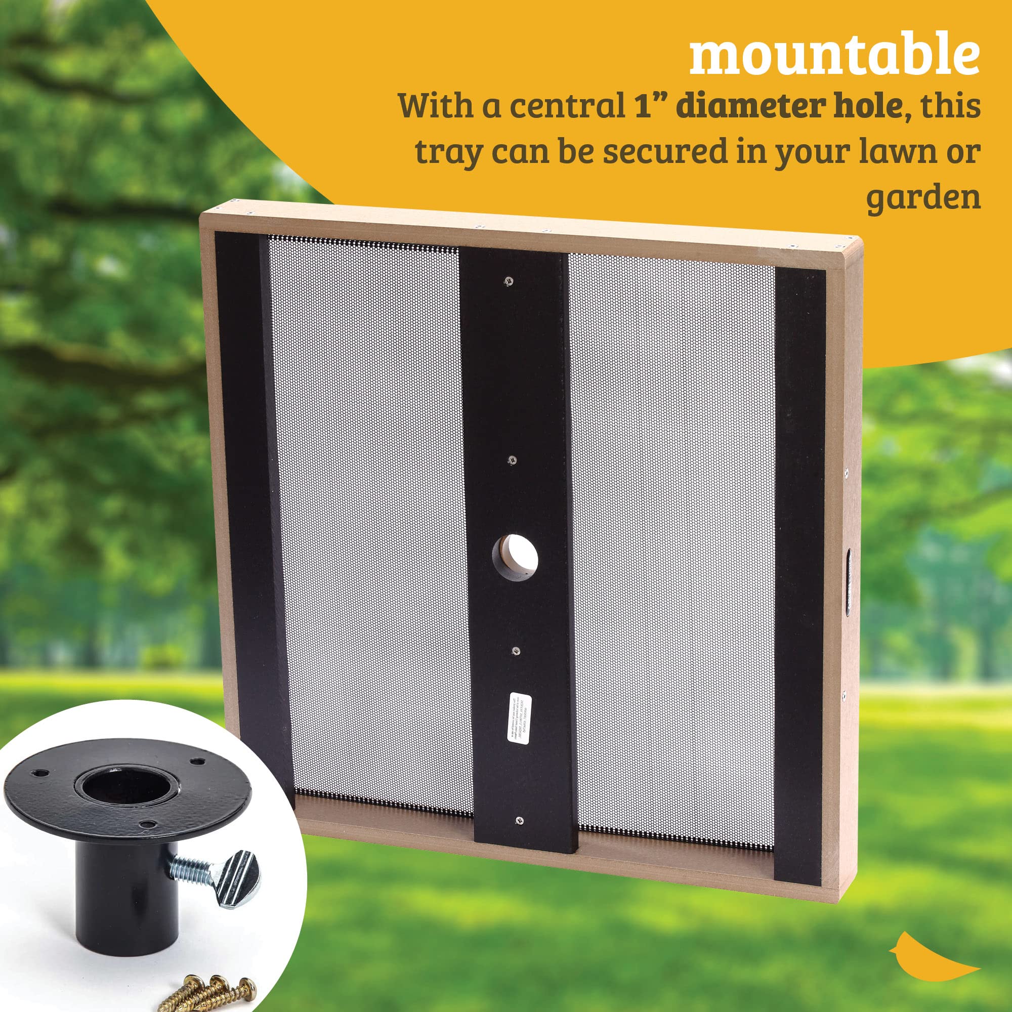 Birds Choice seed catcher open platform side view highlights versatile mounting