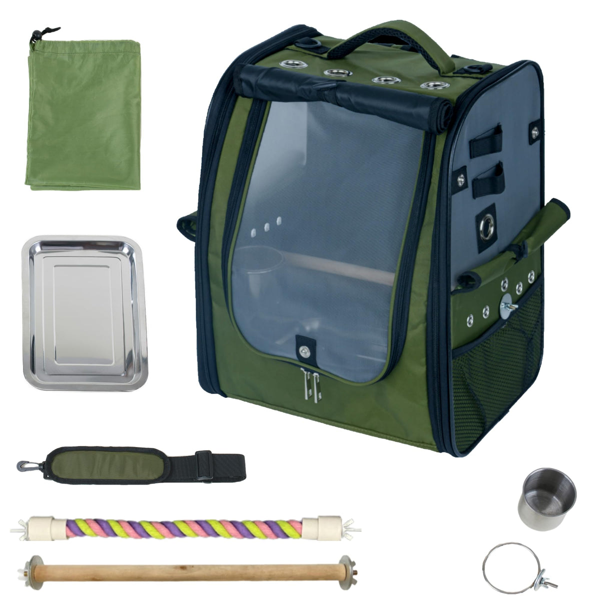 Birds Day carrier backpack olive green front view shows breathable mesh for travel comfort