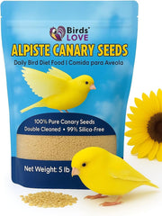Birds LOVE Alpiste seed bag showing pure, double-cleaned canary seed for daily feeding.