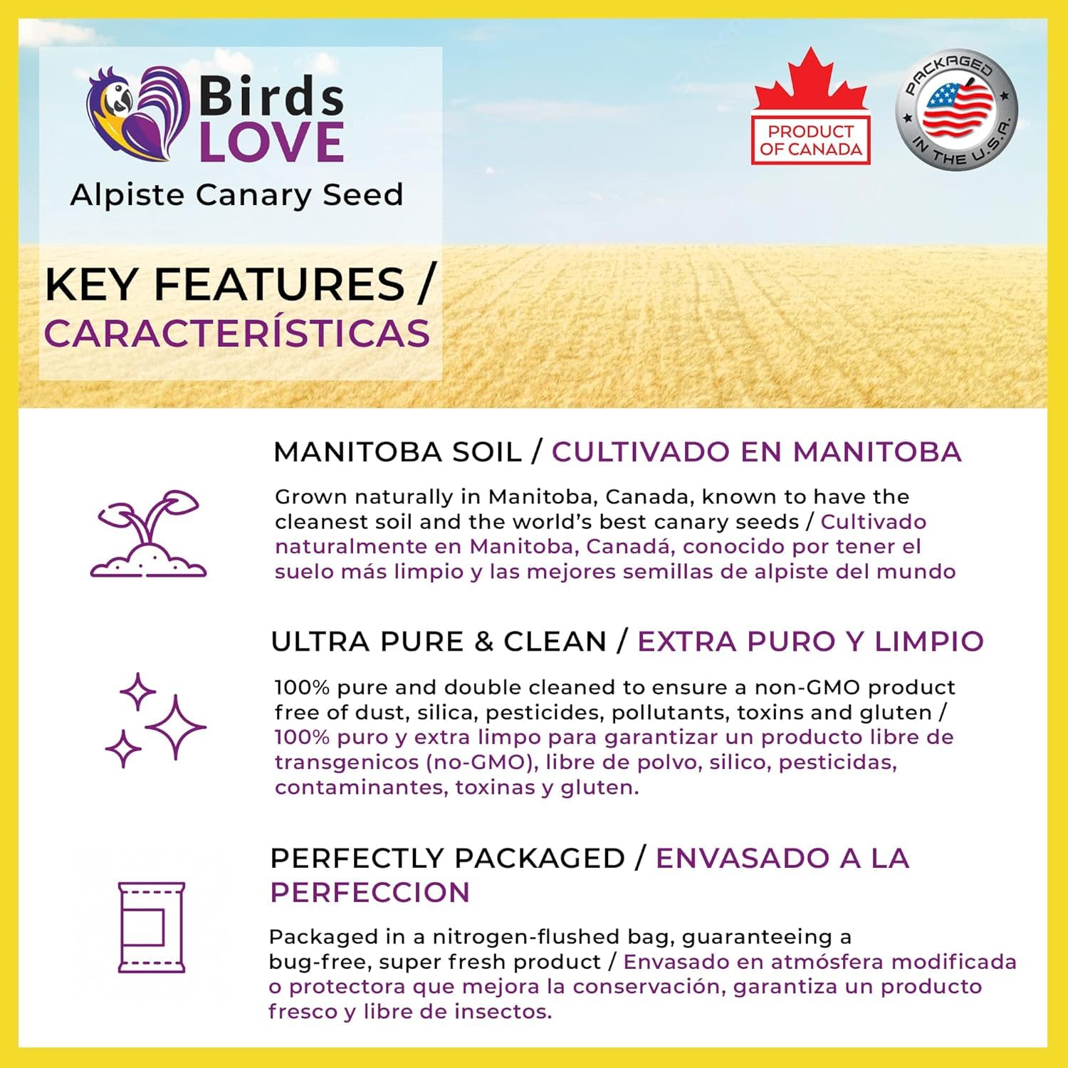 Birds LOVE Alpiste seed dust-free label supports clean feeding with less mess.