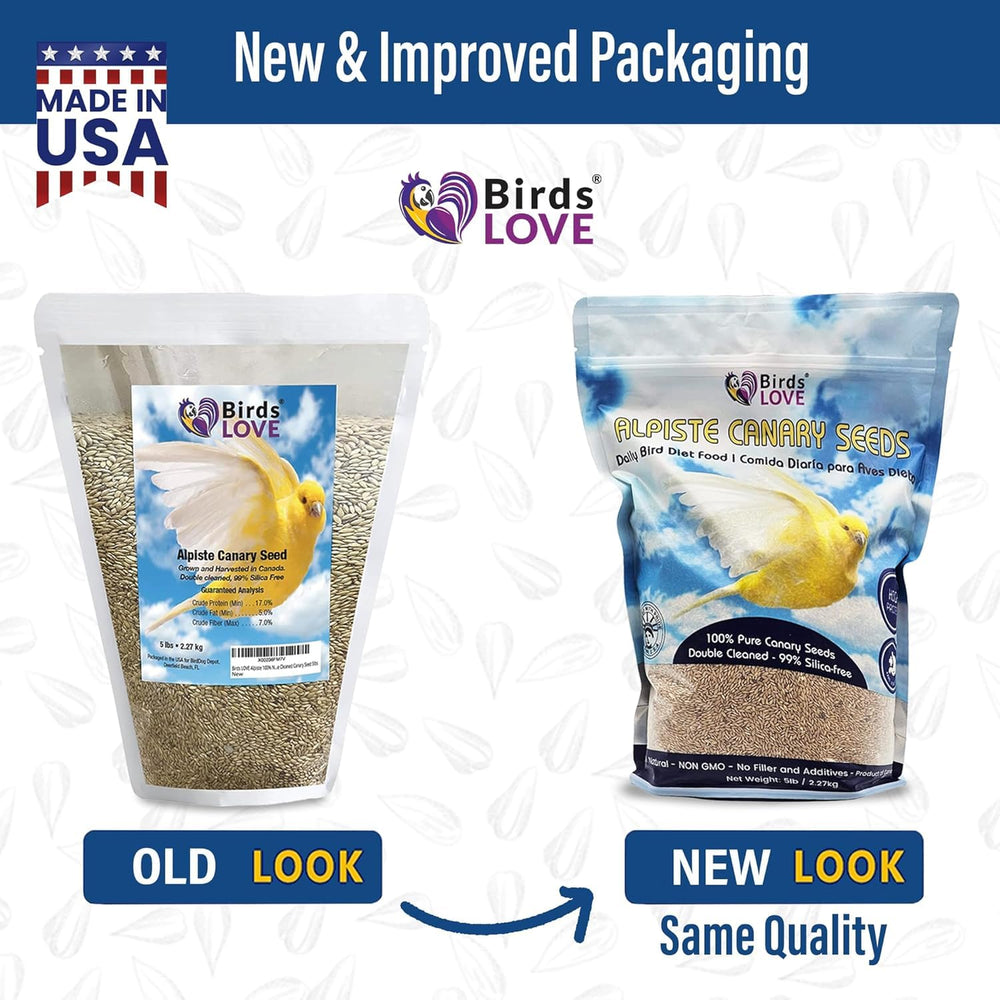 Birds LOVE Alpiste seed packaging highlights freshness and resealability.
