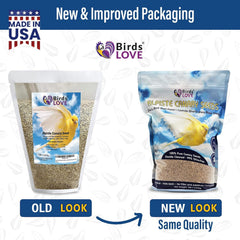 Birds LOVE Alpiste seed packaging highlights freshness and resealability.