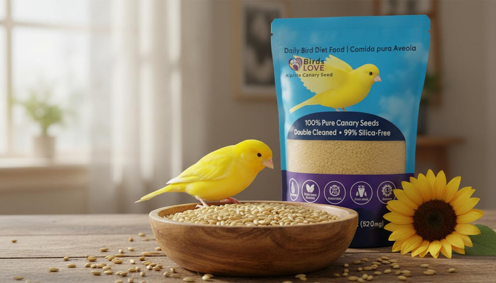 Birds LOVE Alpiste seed shelf storage emphasizes resealable, pest-free packaging.