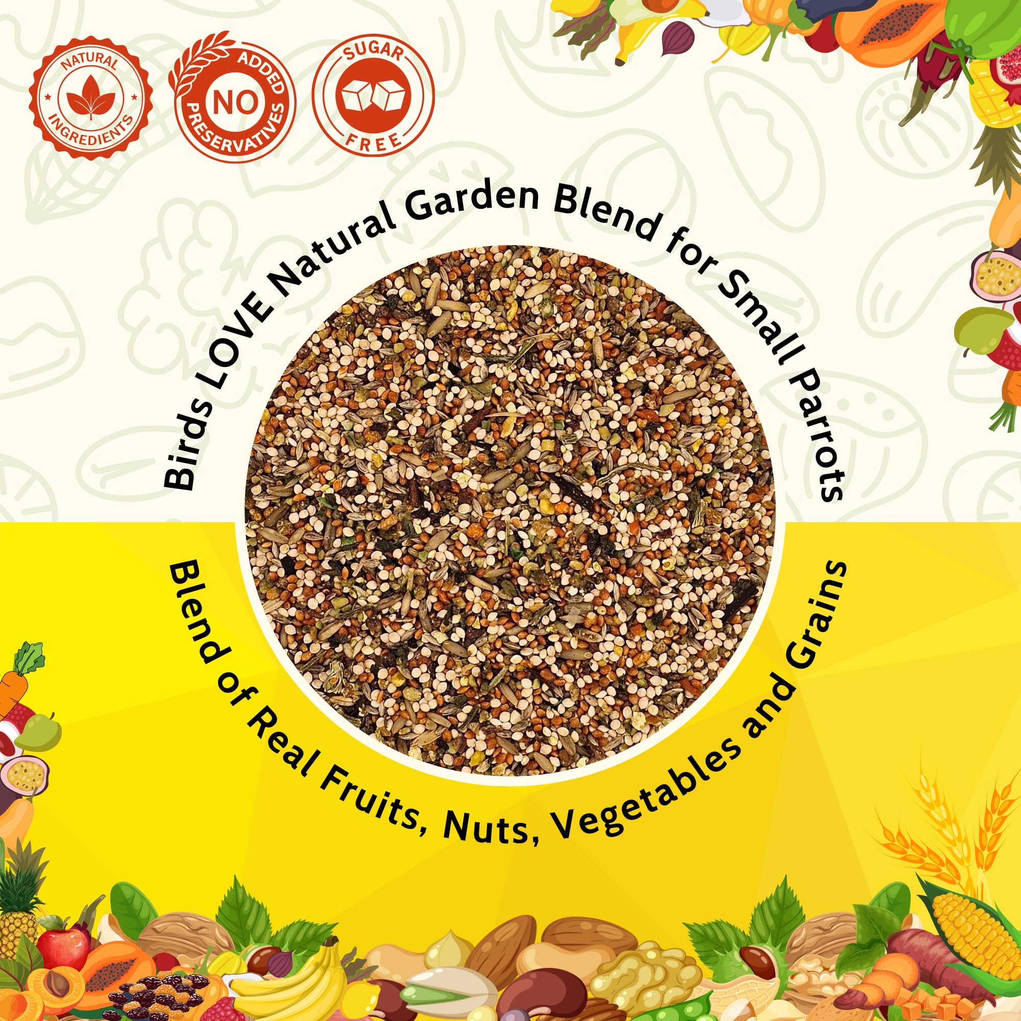 Birds LOVE Garden Blend colorful seeds serving to attract curious beaks.