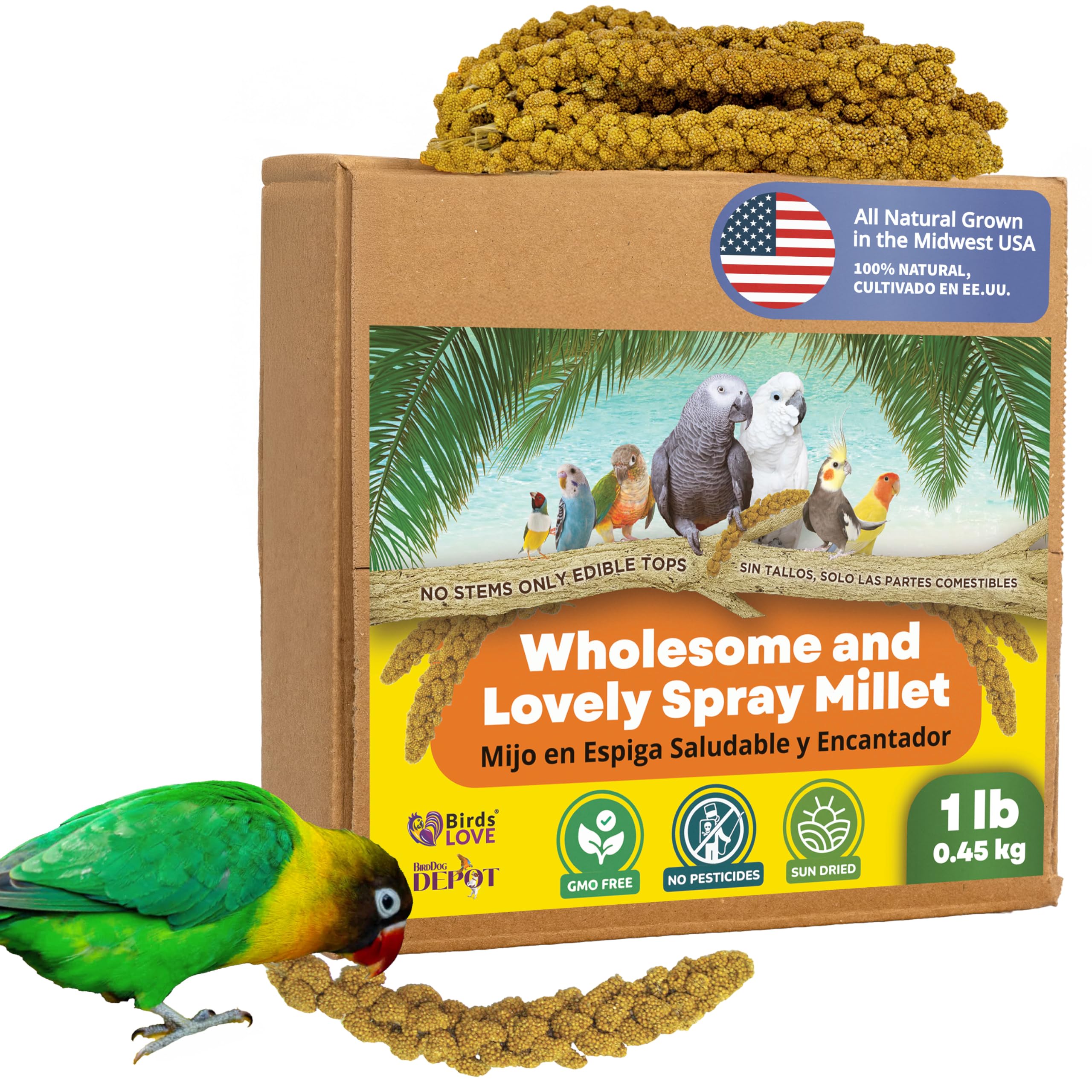 Birds LOVE Spray Millet packaging shows GMO-free bird treat ready to enjoy