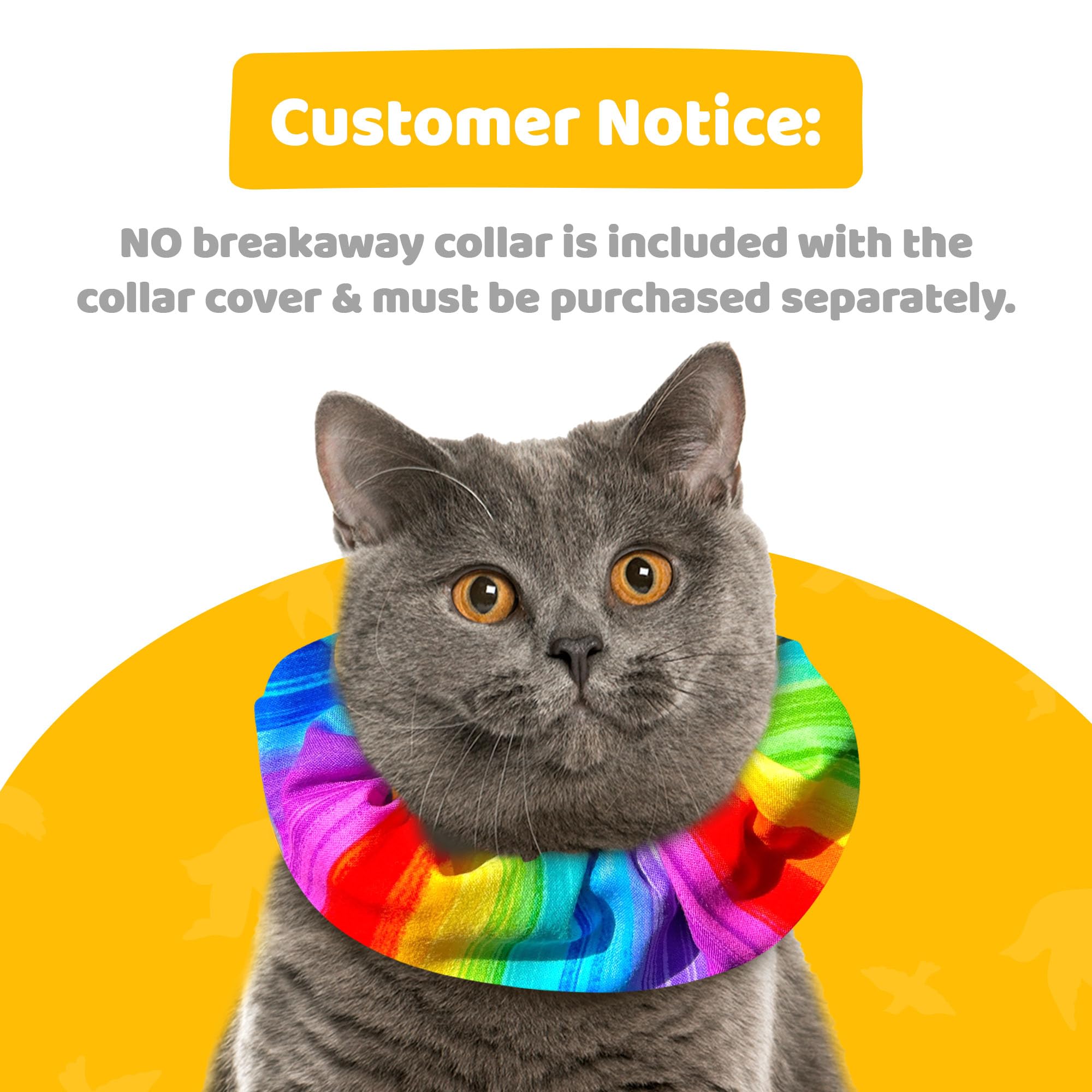 Birdsbesafe Rainbow Sally collar cover closeup highlights colorful pattern and bird-friendly signal.