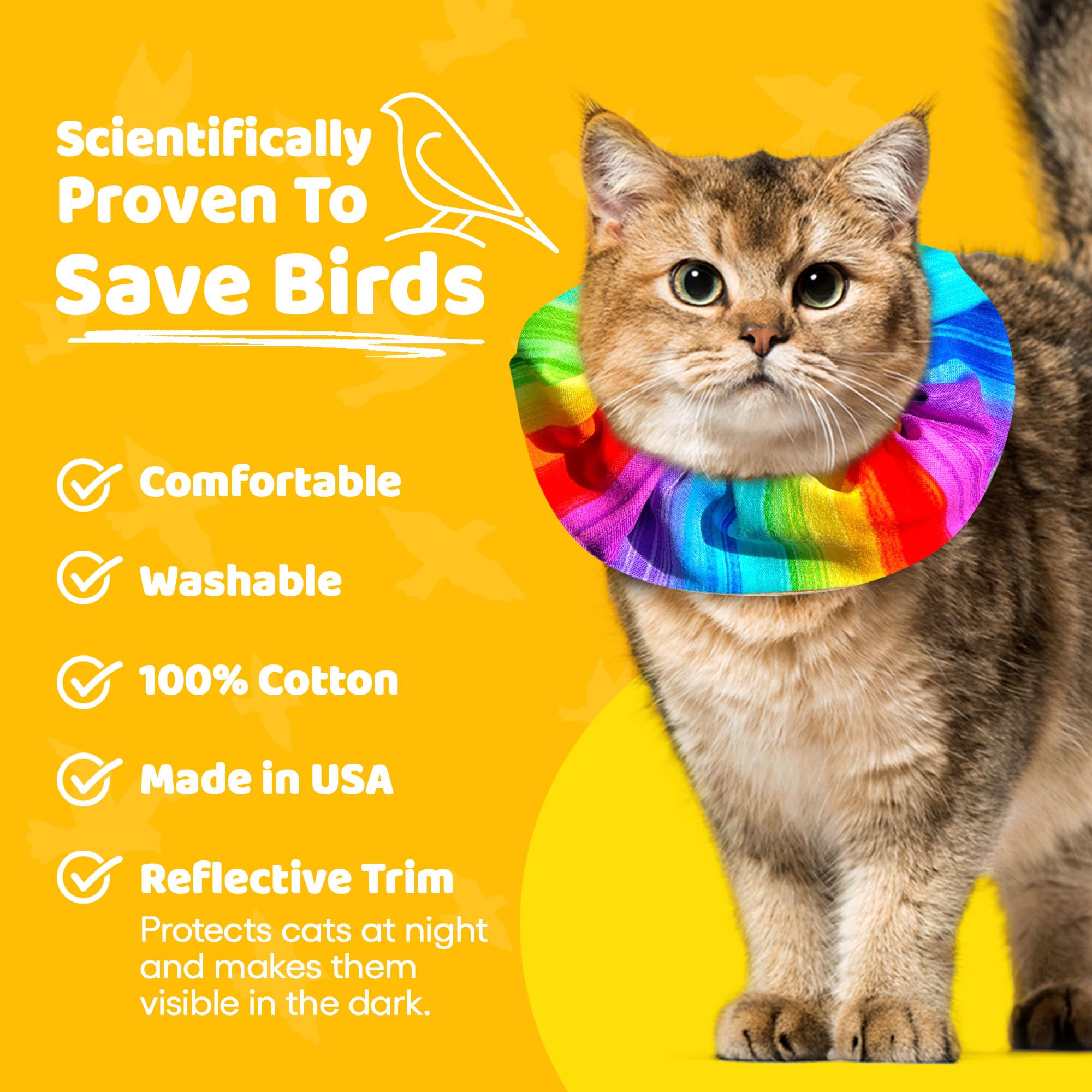 Birdsbesafe Rainbow Sally collar cover with reflective trim enhances nighttime visibility.
