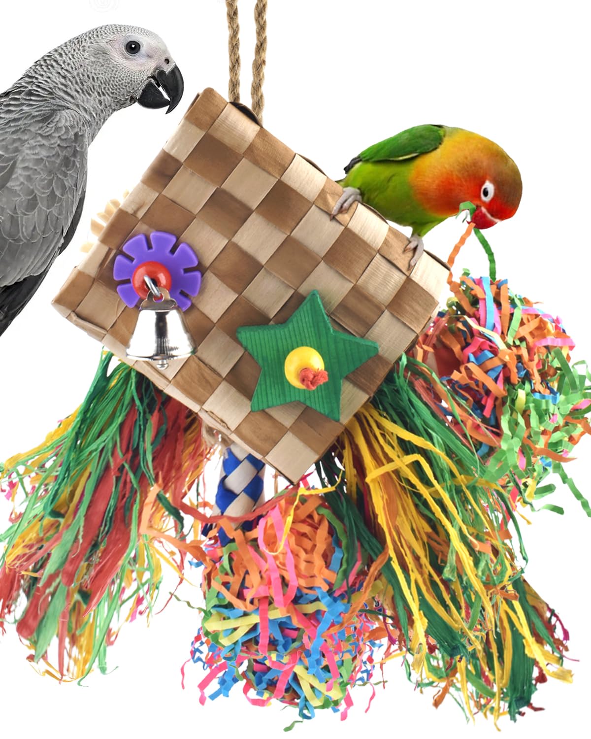 Bissap Bird Chew Toy with natural palm frond hanging for beak exercise and enrichment.