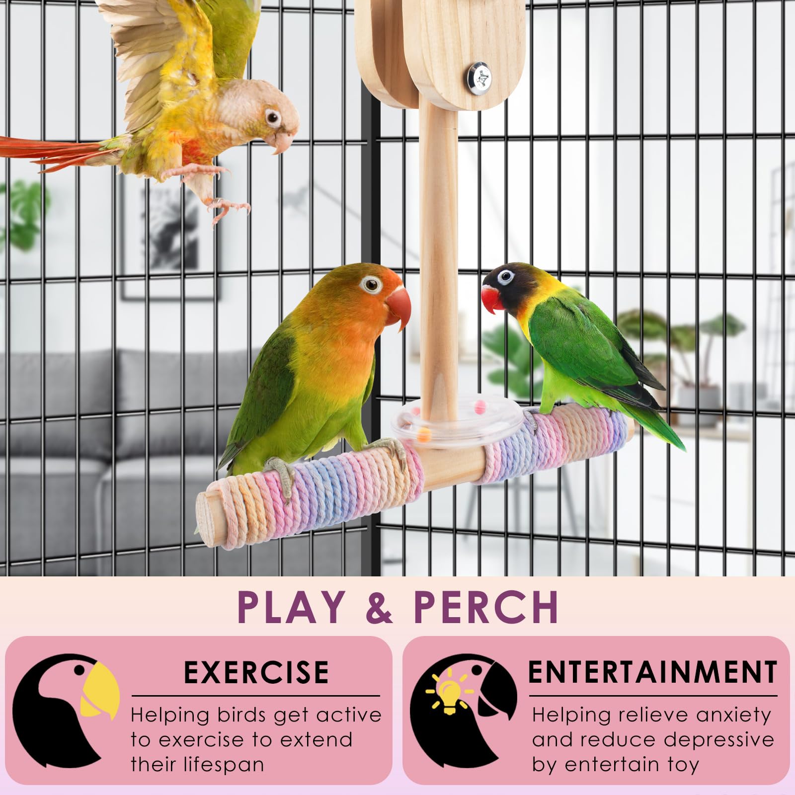 Bissap Bird Stand Perch Toy close-up of natural wood and hemp wrap