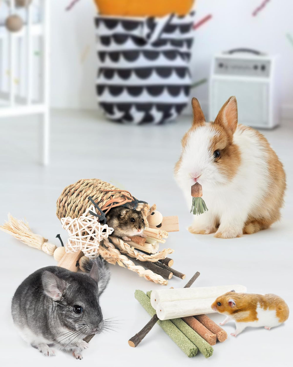 Bissap Bunny Chew Toys foraging play image shows enrichment and exercise for small pets