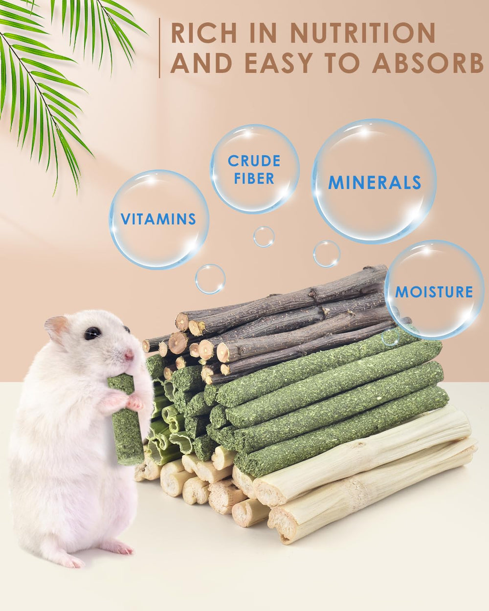 Bissap natural apple sticks and Timothy hay highlight natural ingredients for digestion support.