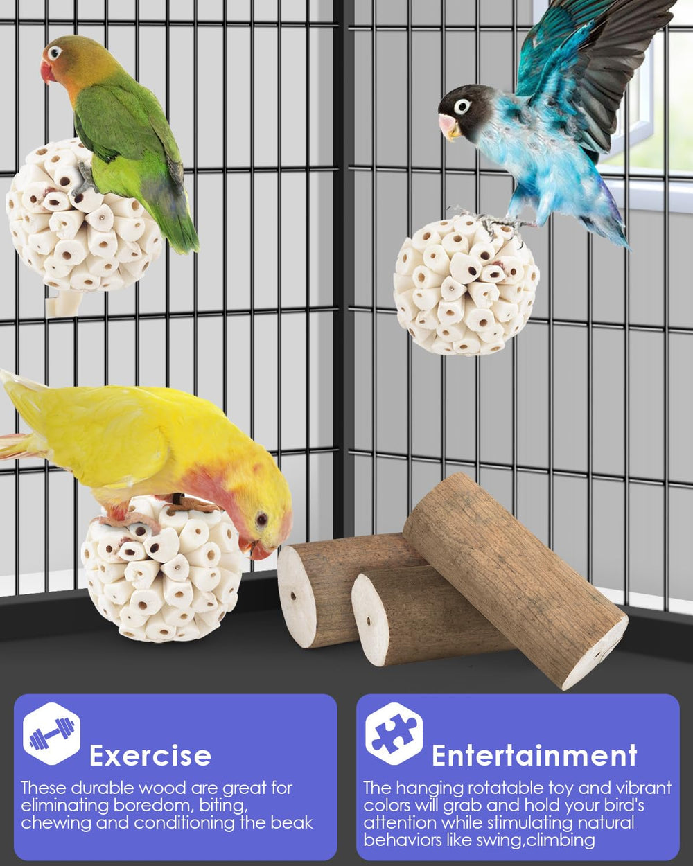 Bissap parrot-toy-foraging-design entices chasing and rolling play for cage enrichment.
