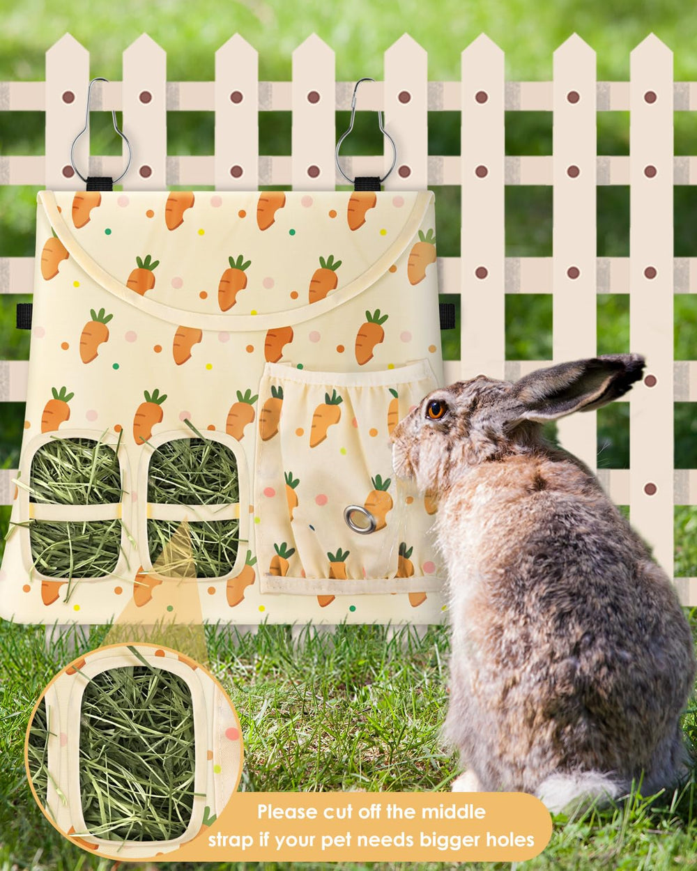 Bissap rabbit hay feeder bag 2-hole design close-up reveals accessible feeding.