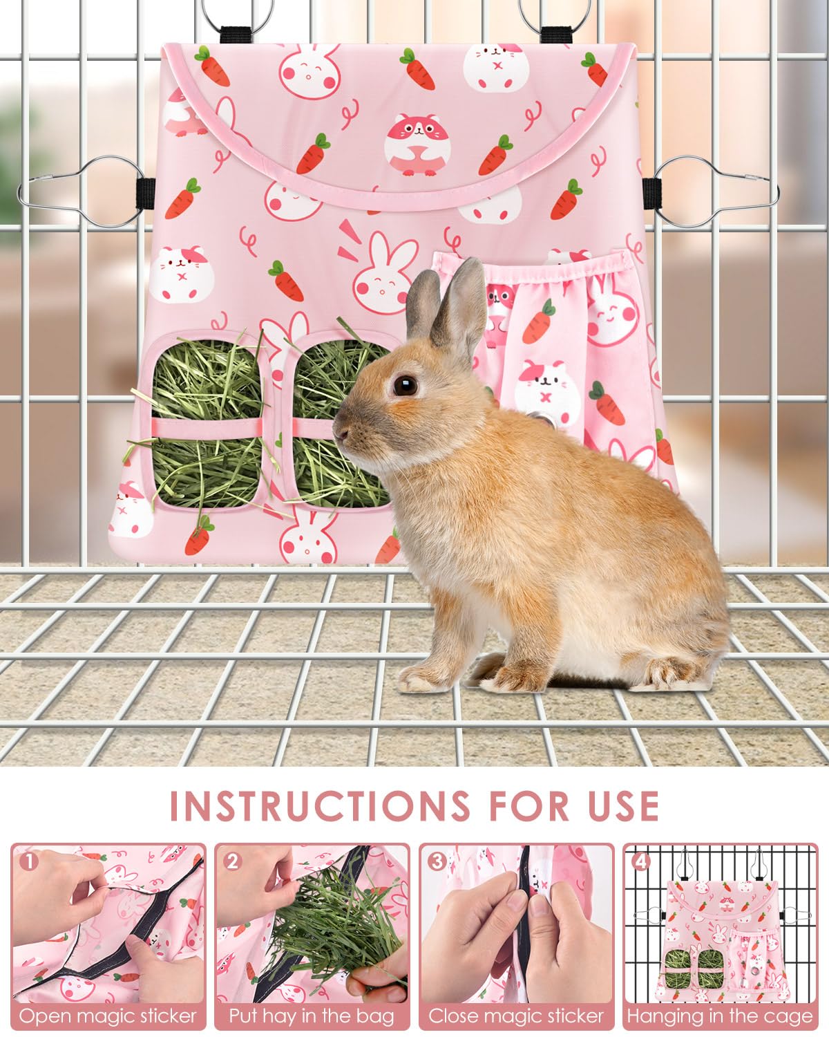 Bissap rabbit hay feeder bag easy-velcro access for quick refills.