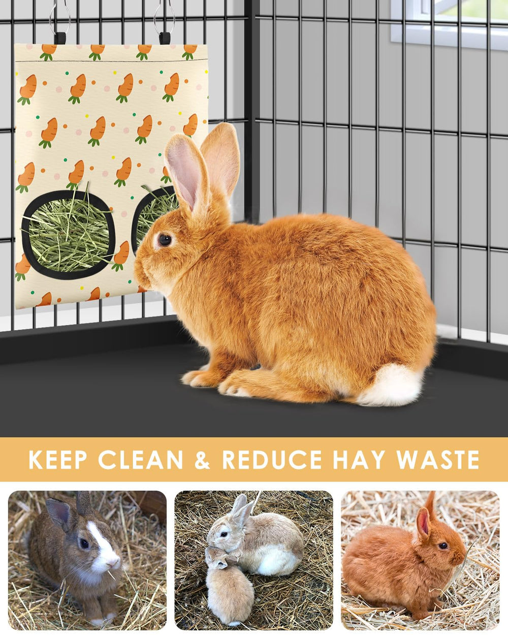 Bissap rabbit hay feeder bag hanging installation demonstrates easy mounting.