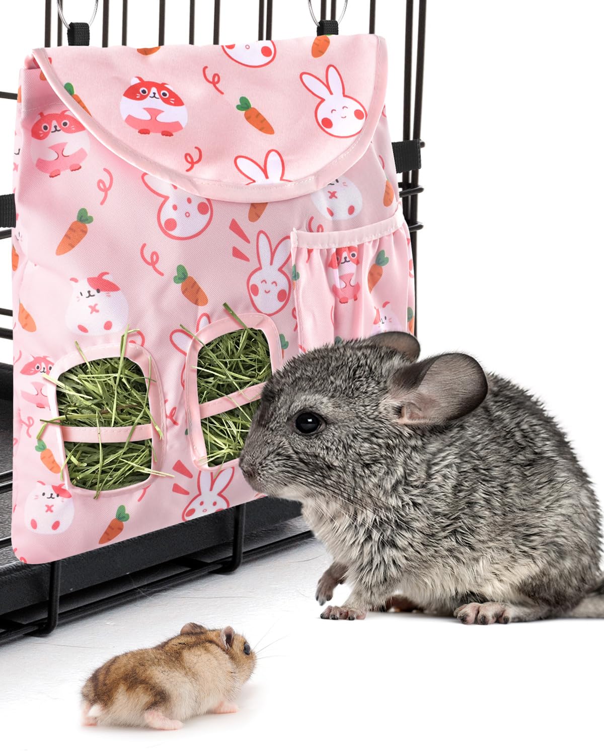 Bissap rabbit hay feeder bag pink pattern enhances cage aesthetics.