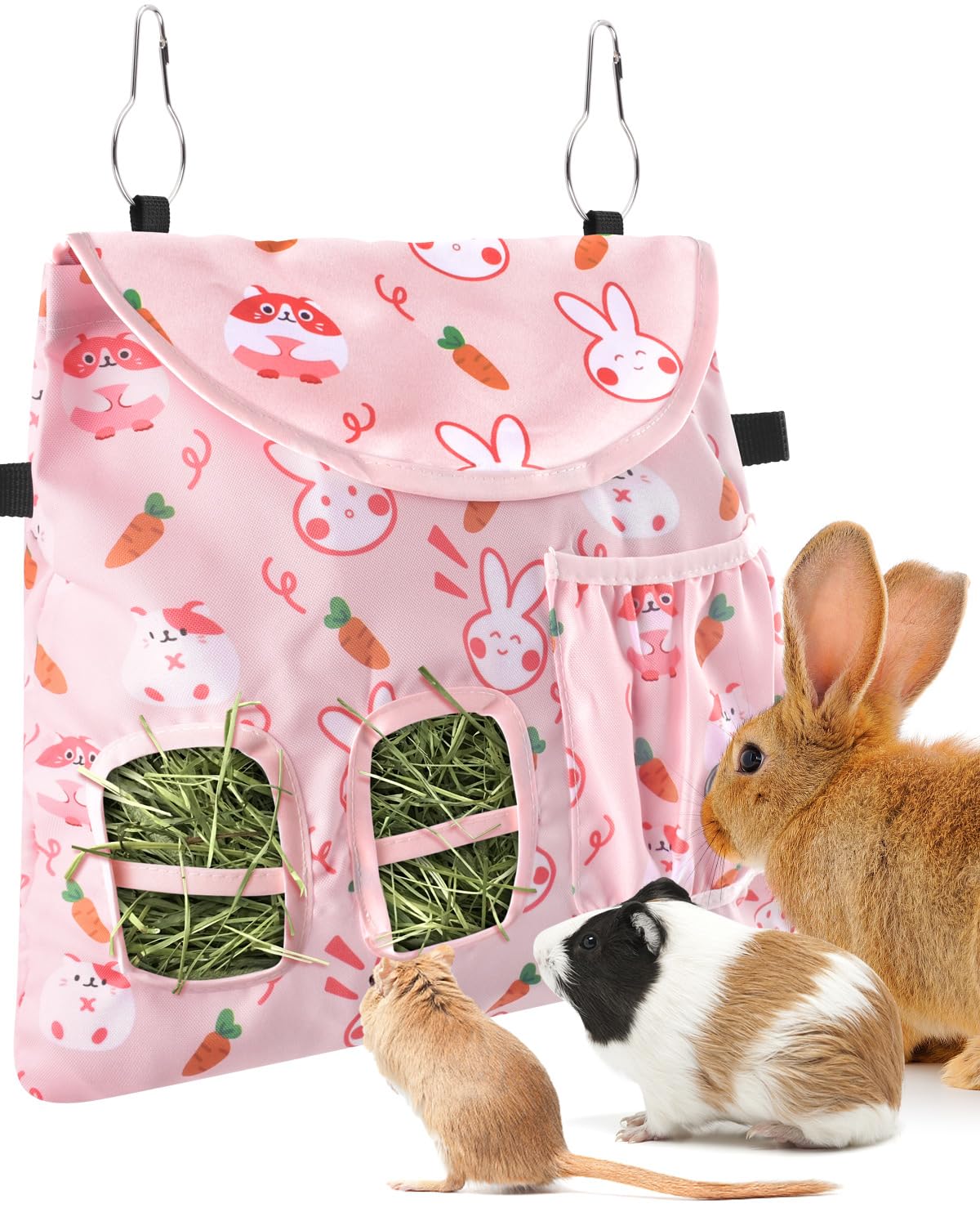 Bissap rabbit hay feeder bag pink with two holes for easy hay access.