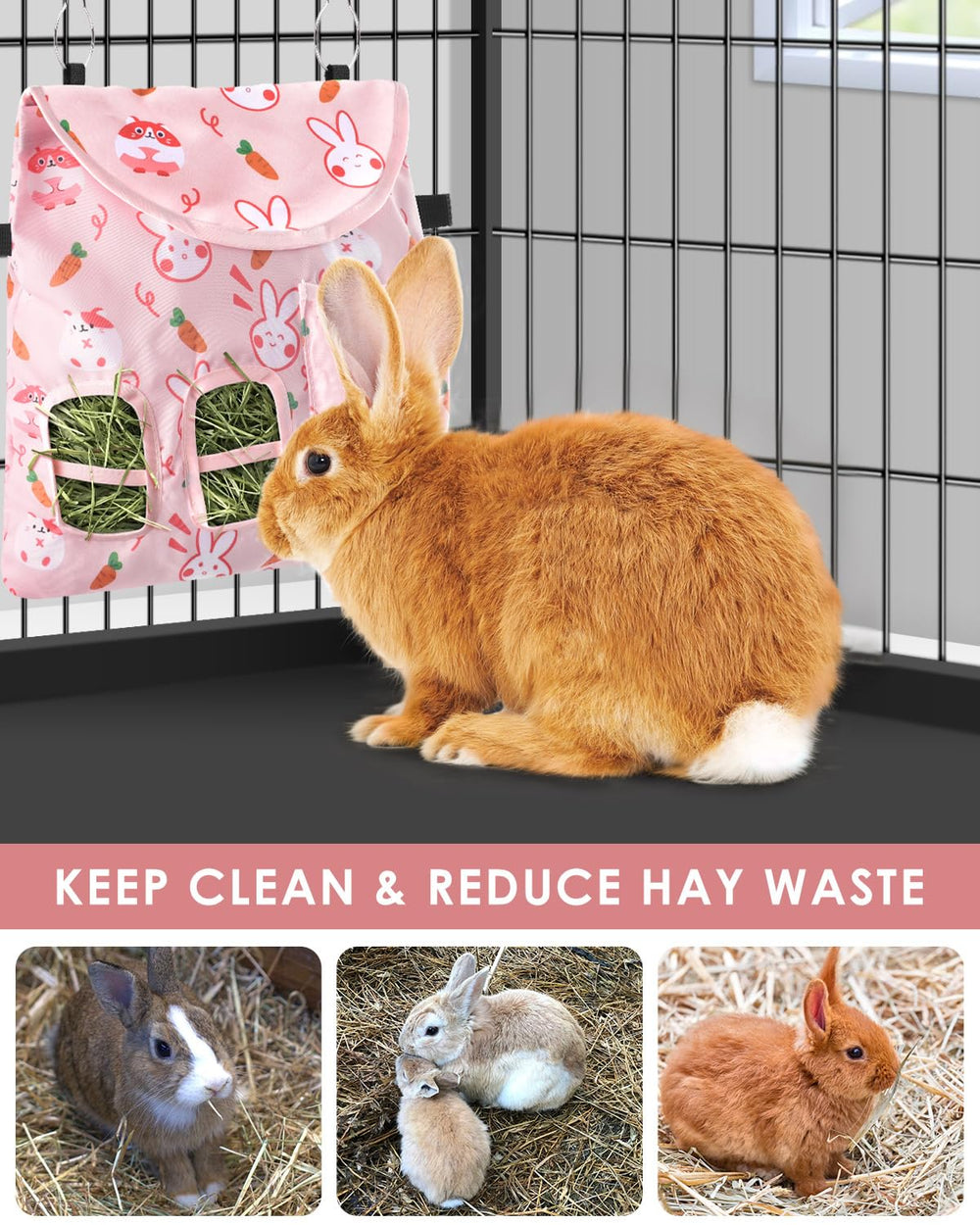 Bissap rabbit hay feeder bag water bottle hole ready for hydration setup.