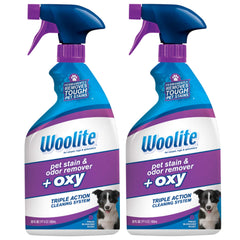 Bissell Woolite Pet Stain and Odor Plus Oxy pack of 2 bottle cleans tough stains.