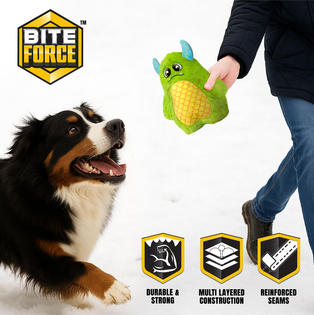 Bite Force dog toy green monster closeup fabric emphasizes durable Kevlar fabric for rugged chewing.