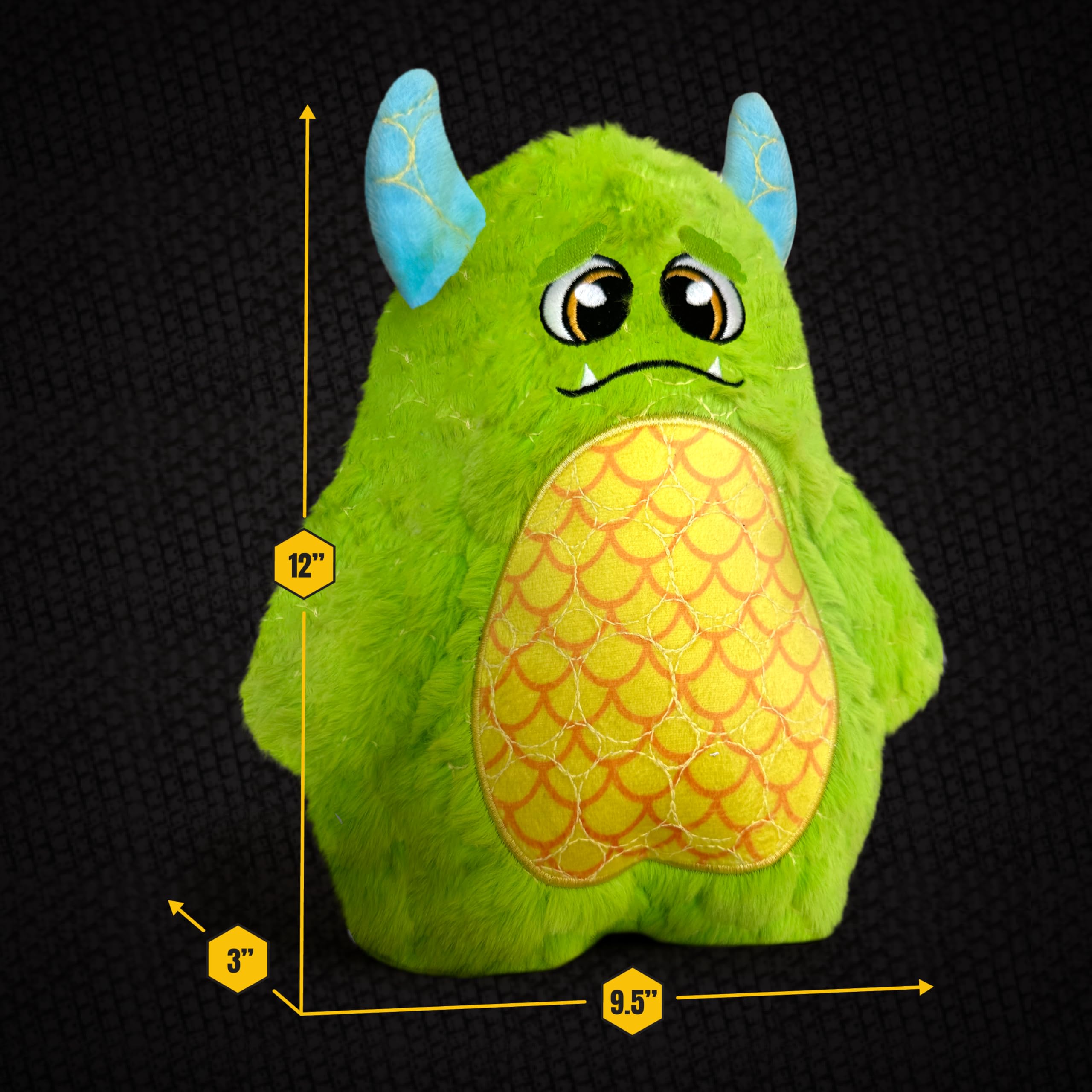 Bite Force dog toy green monster reinforced stitching proves sturdy for big chews.