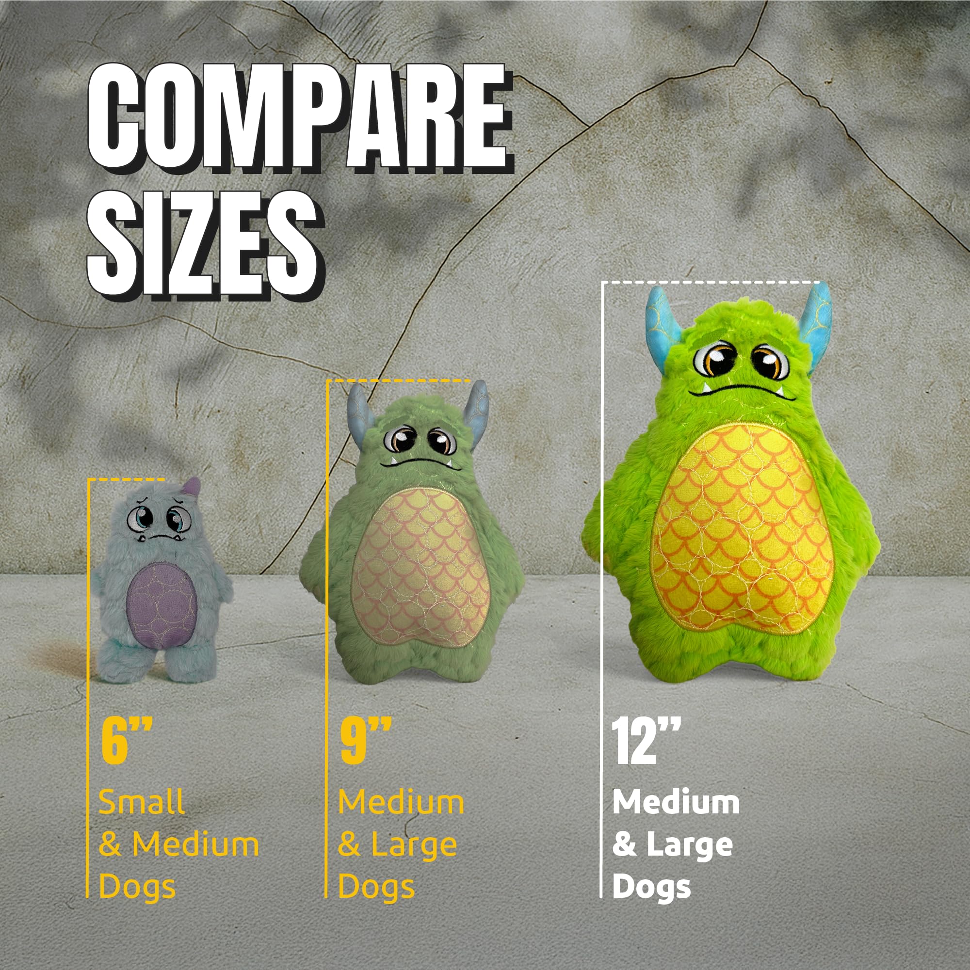 Bite Force dog toy green monster size guide shows 8–10 inch large option.