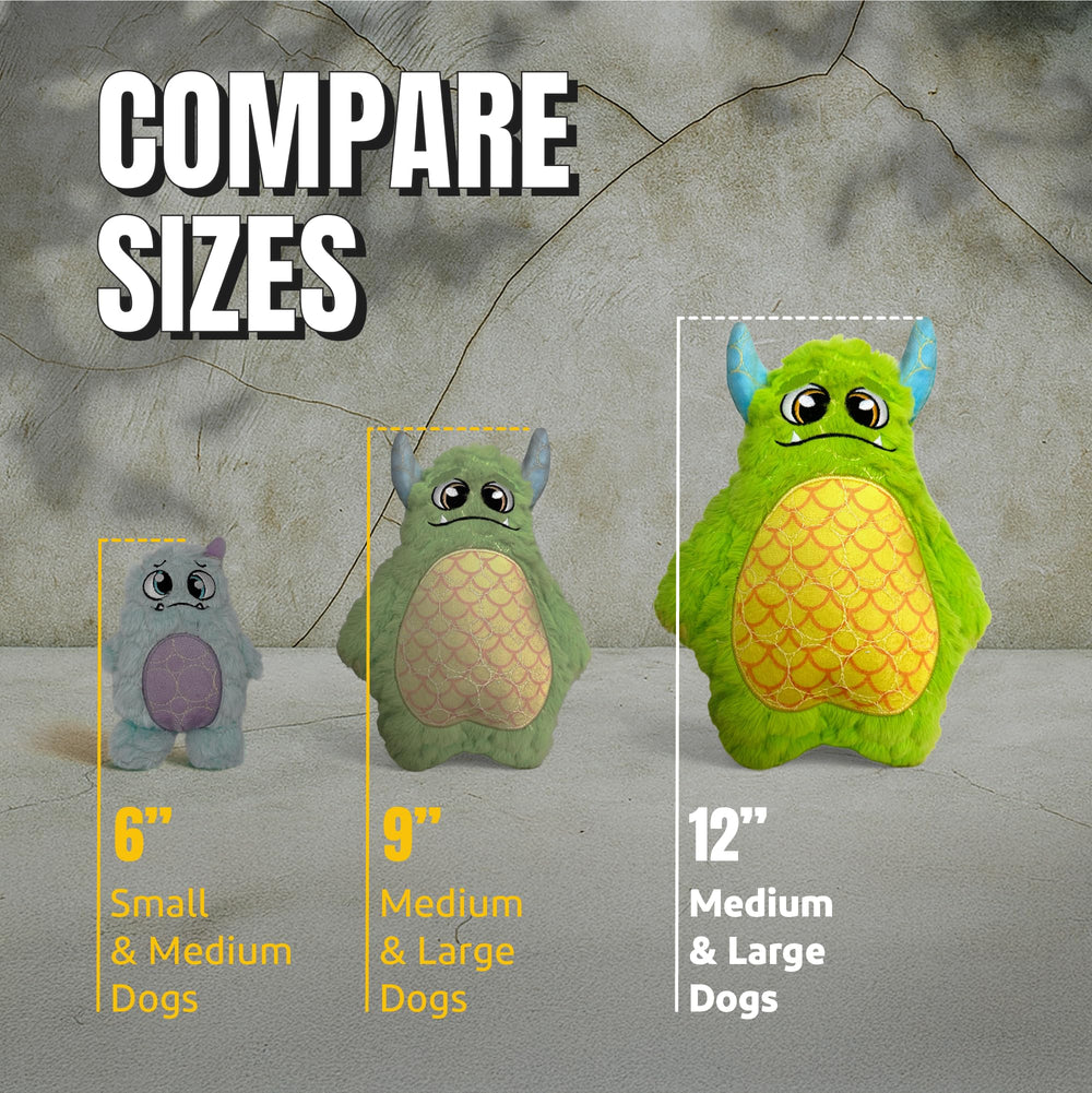 Bite Force dog toy green monster size guide shows 8–10 inch large option.