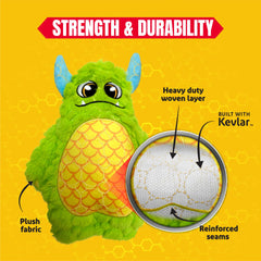 Bite Force dog toy green monster squeak feature boosts interactive play indoors.