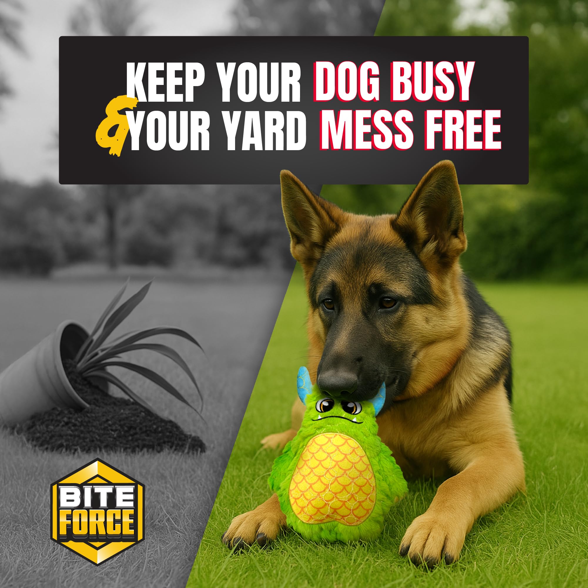 Bite Force dog toy green monster teething-friendly design supports early chewing.