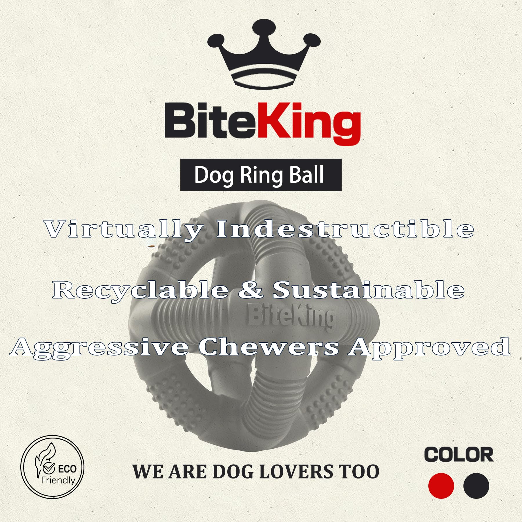 BiteKing dog ball side view showing heavy-duty rubber for aggressive chewers.