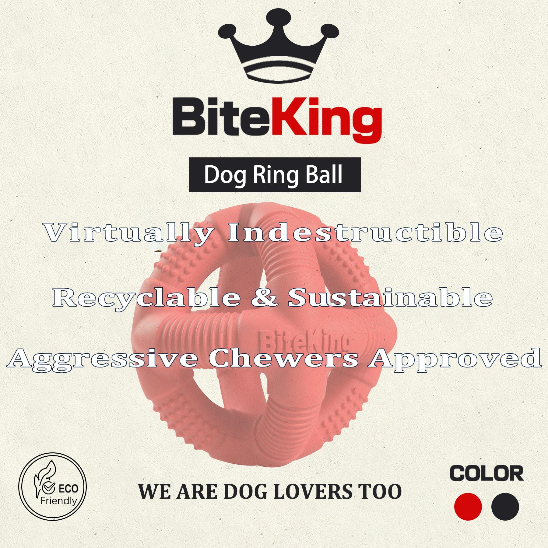 BiteKing indestructible dog ball in red, front shot, durability for aggressive chewers.