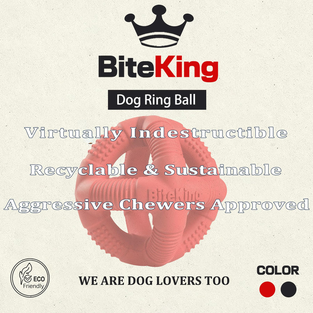 BiteKing indestructible dog ball in red, front shot, durability for aggressive chewers.