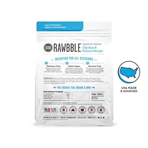 BIXBI Rawbble chicken-salmon ingredients close-up highlighting high-protein content.