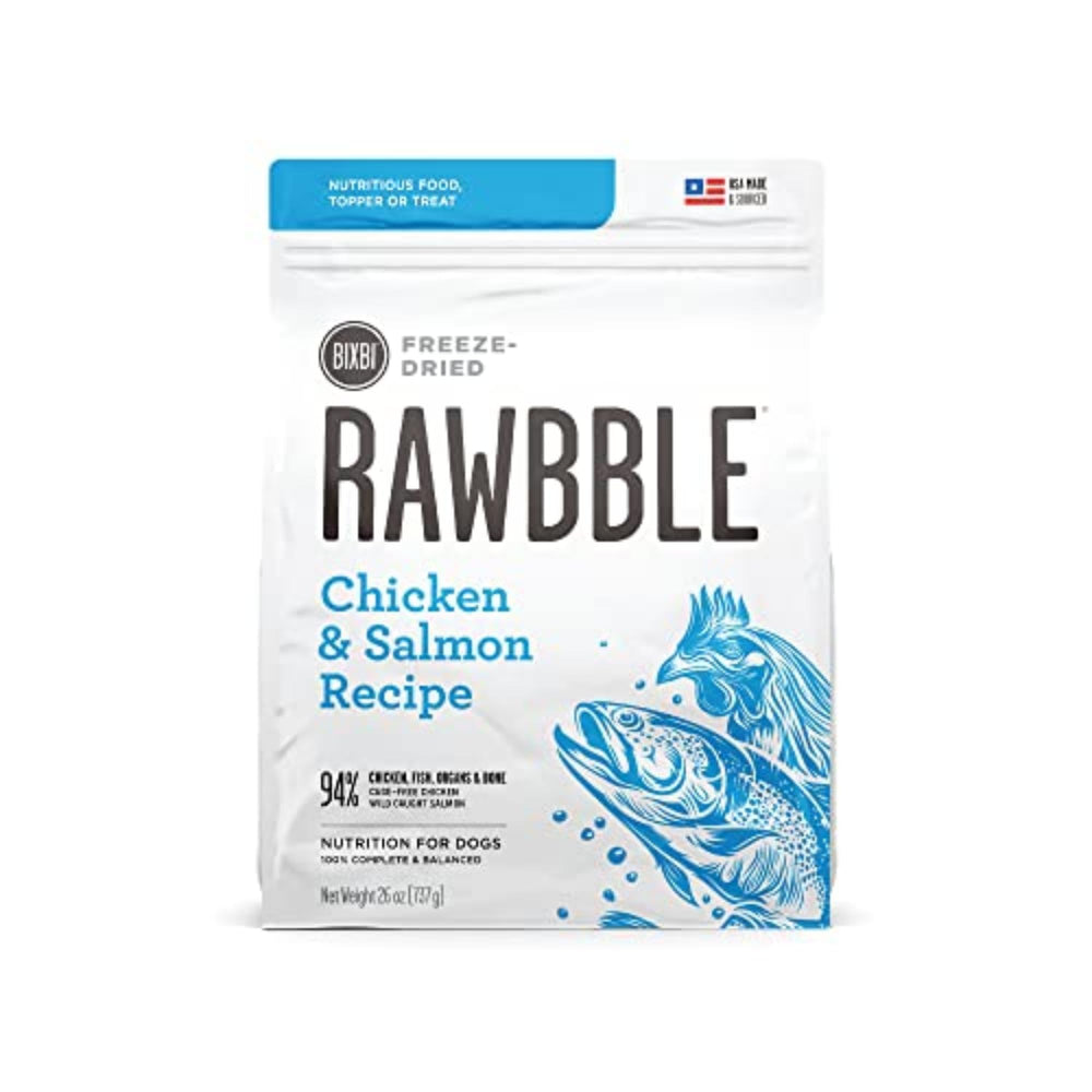 BIXBI Rawbble bag open on pantry shelf for convenient storage.