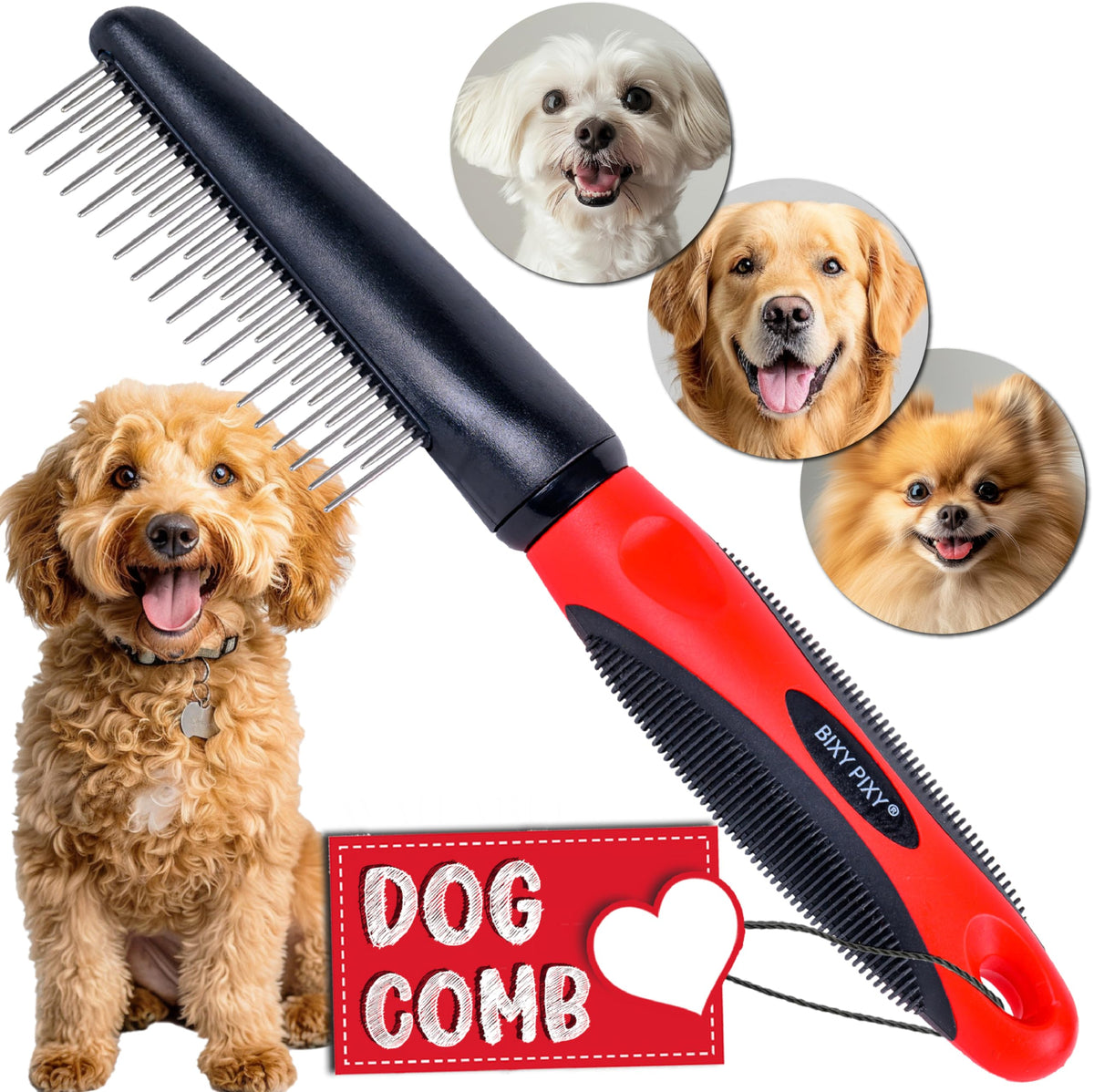 Bixy Pixy poodle comb rotating teeth closeup for gentle detangling and reduced pulling.